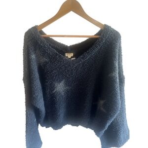 Women's POL Navy Blue star fleece pullover Crop Style sweater Size Large NWT $80
